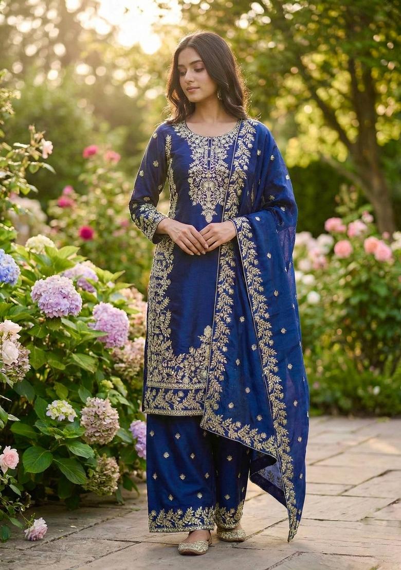 Blue Embroidered Silk Kurta Set - Indya