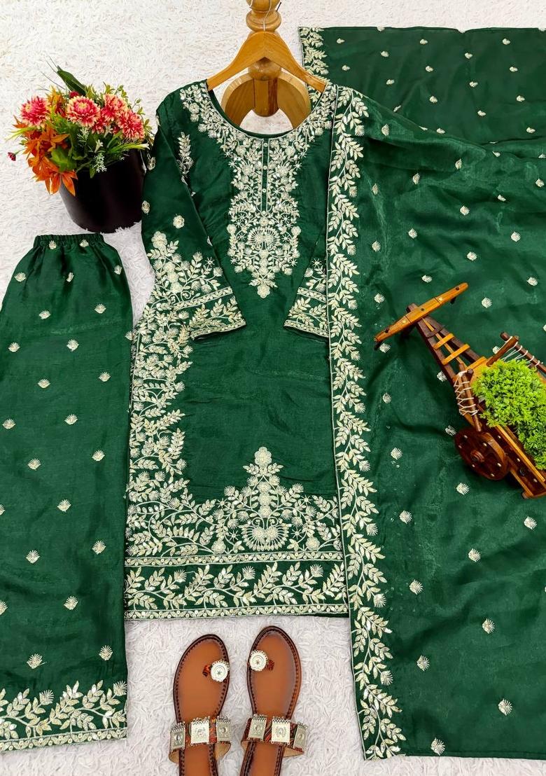Green Embroidered Silk Kurta Set - Indya