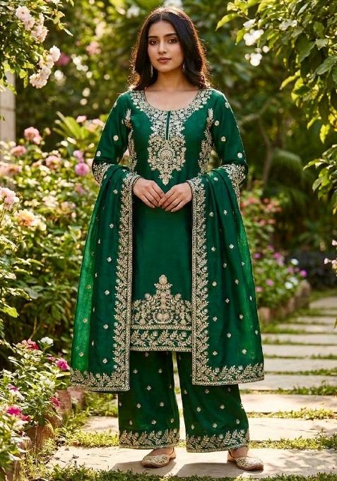 Green Embroidered Silk Kurta Set