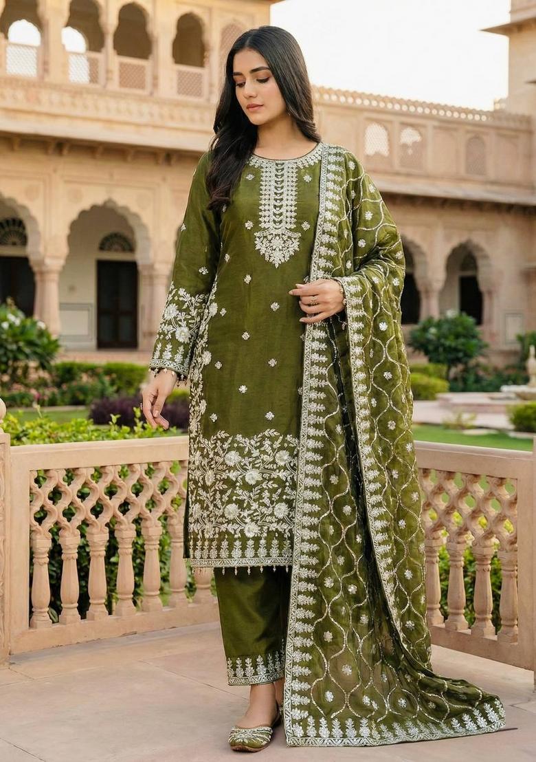 Mehendi Green Embroidered Silk Kurta Set - Indya