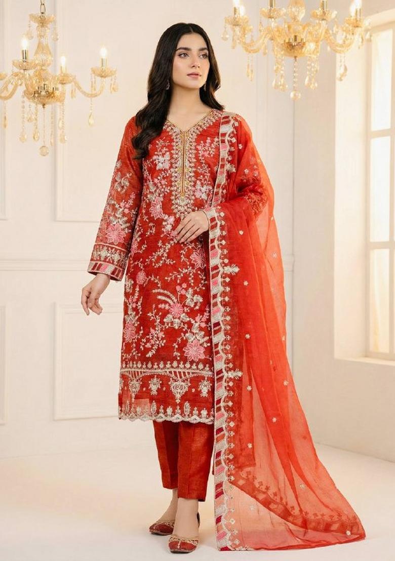 Orange Embroidered Silk Kurta Set - Indya