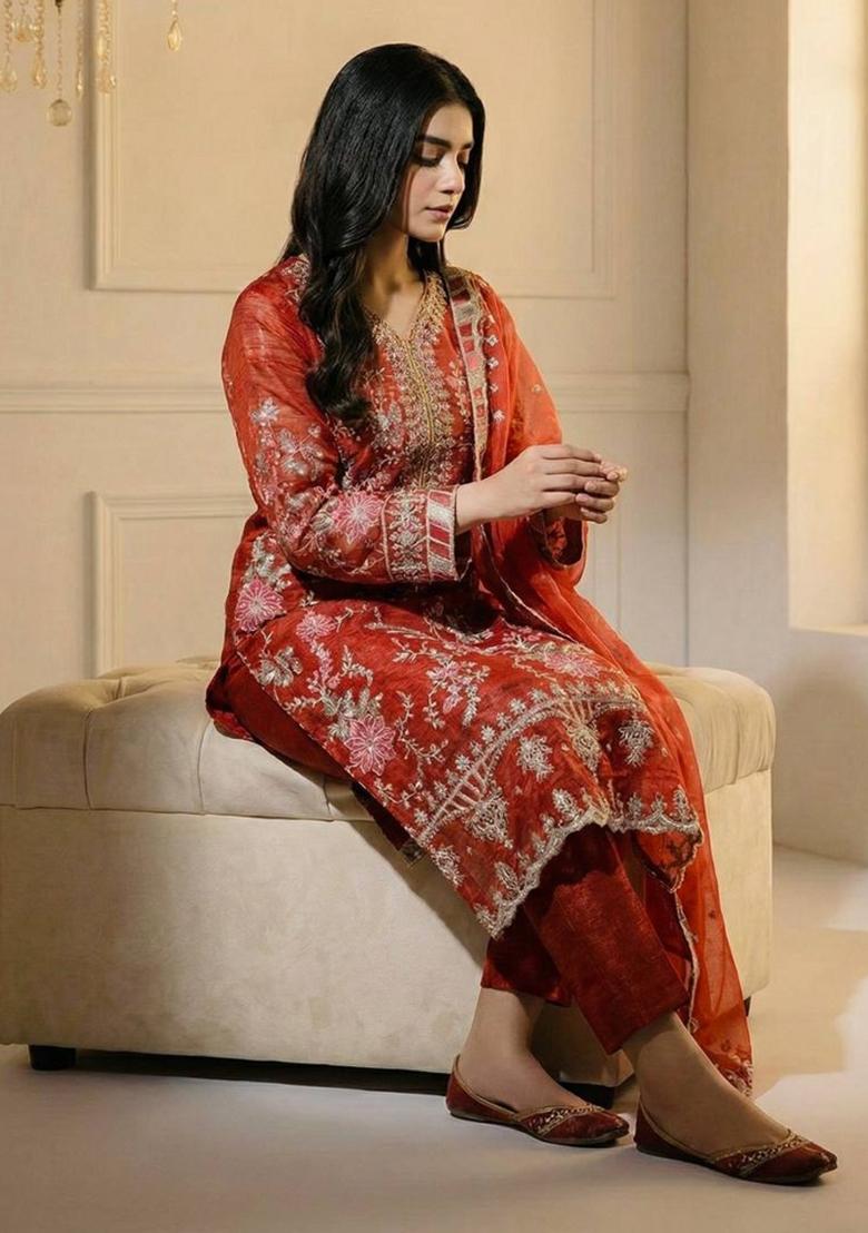 Orange Embroidered Silk Kurta Set - Indya