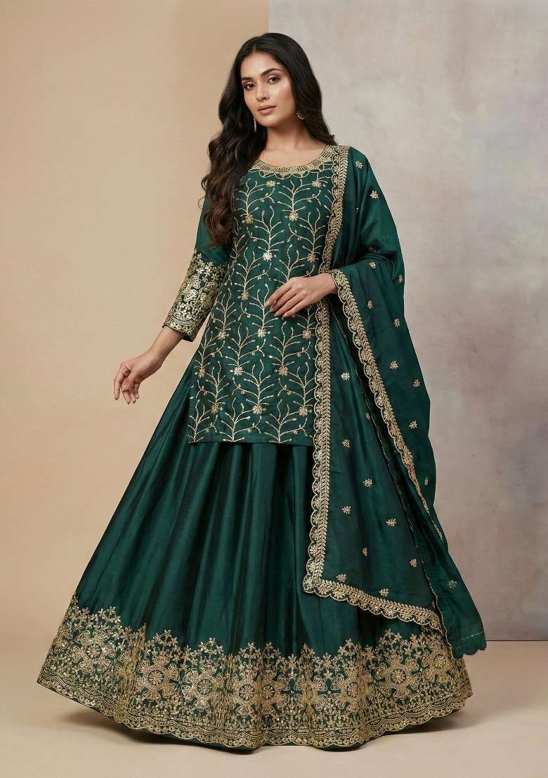 Teal Embroidered Silk Blend Sharara Set - Indya