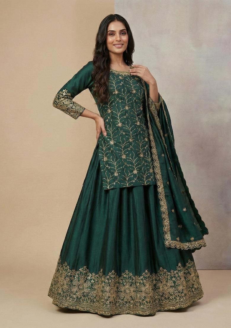 Teal Embroidered Silk Kurta With Dupatta - Indya