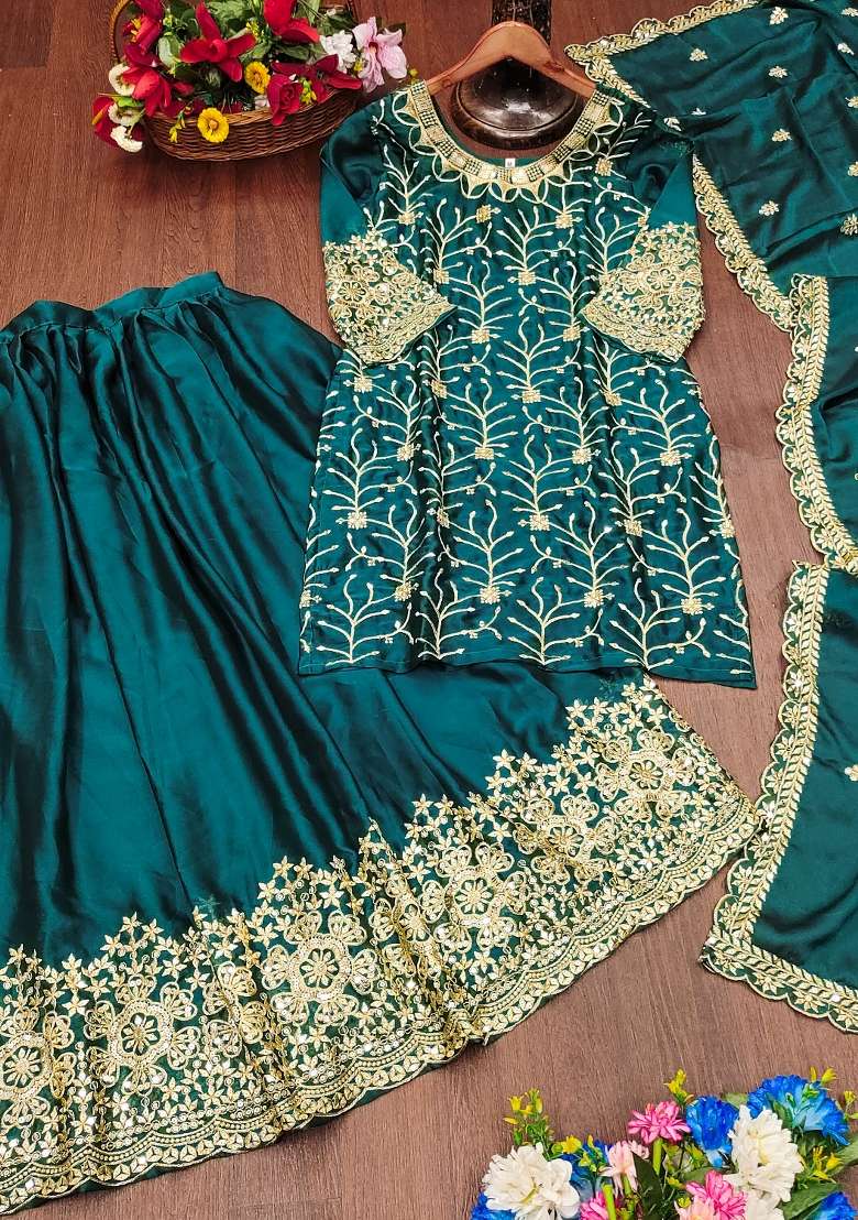Teal Embroidered Silk Blend Sharara Set - Indya