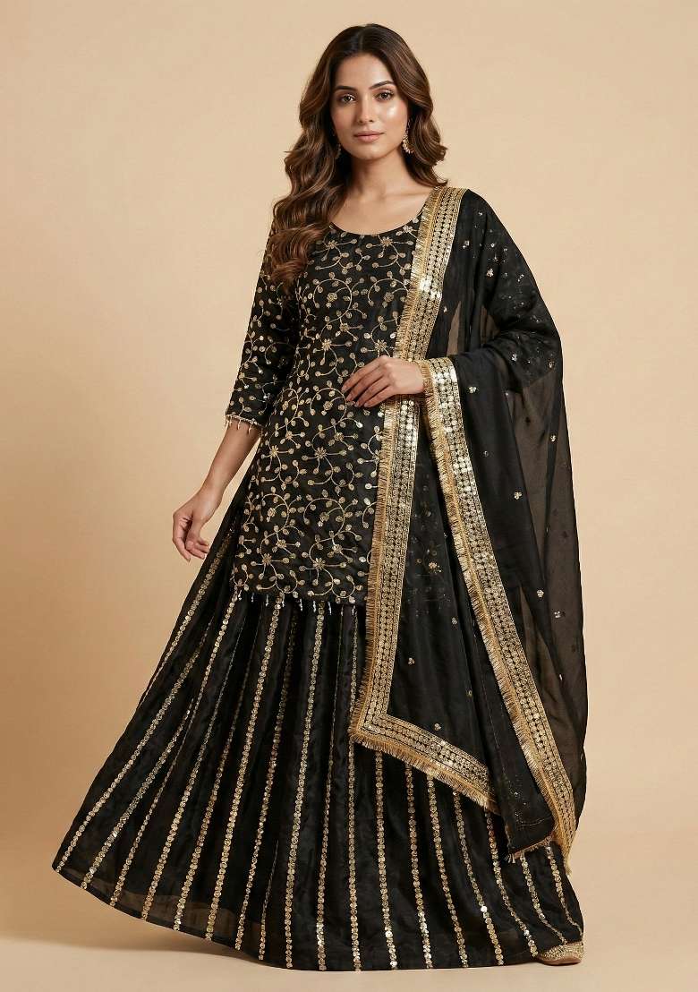 Black Embroidered Chinon Sharara Set - Indya