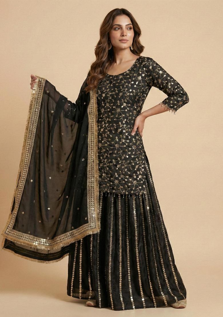 Black Embroidered Chinon Kurta With Dupatta - Indya