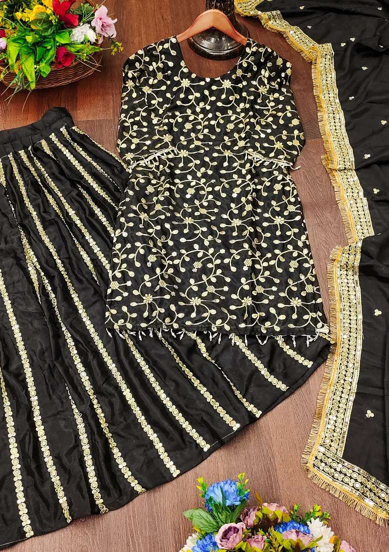 Black Embroidered Chinon Sharara Set - Indya