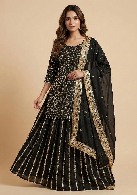 Black Embroidered Chinon Kurta With Dupatta