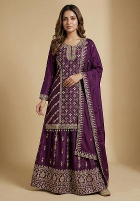 Purple Embroidered Chinon Kurta With Dupatta