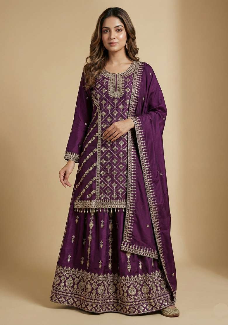 Purple Embroidered Chinon Sharara Set - Indya