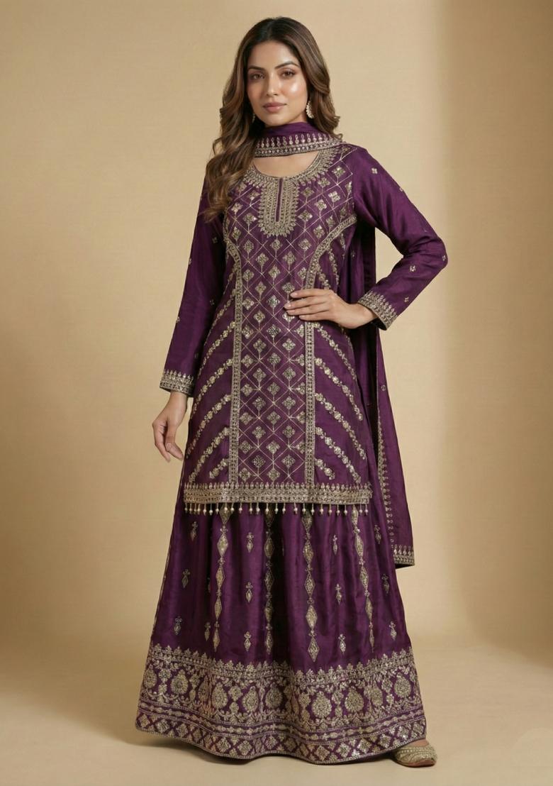 Purple Embroidered Chinon Kurta With Dupatta - Indya