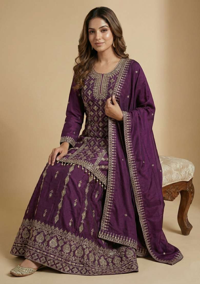 Purple Embroidered Chinon Sharara Set - Indya