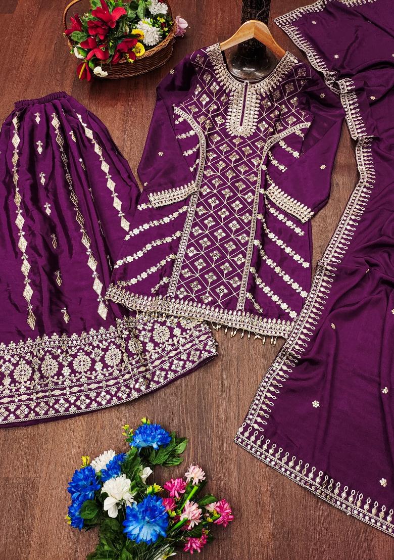 Purple Embroidered Chinon Kurta With Dupatta - Indya
