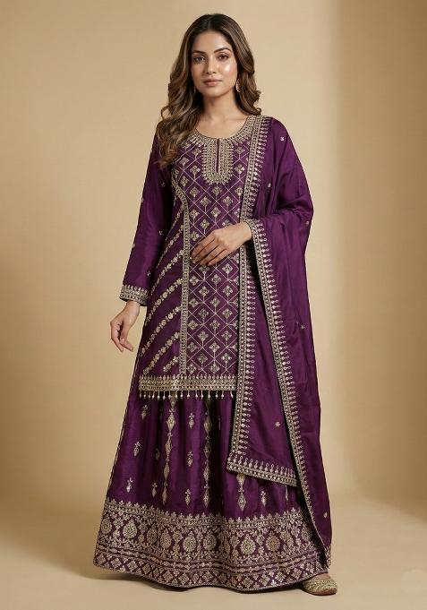 Purple Embroidered Chinon Kurta With Dupatta