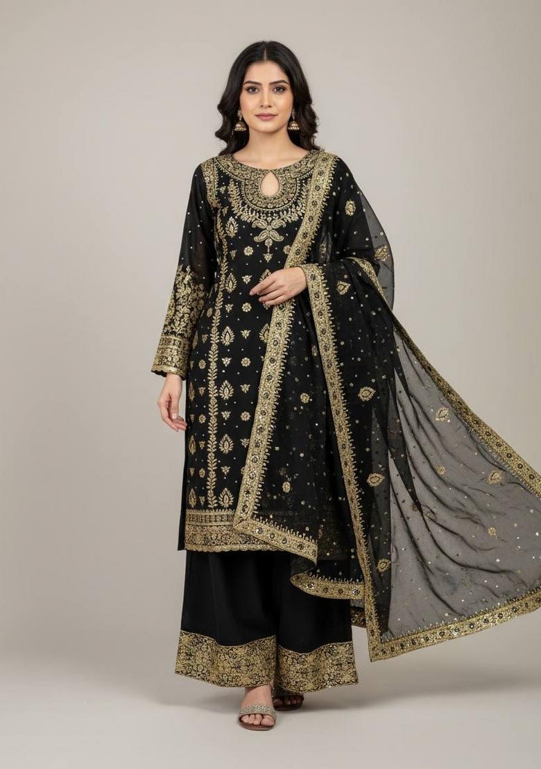Black Embroidered Georgette Kurta Set - Indya