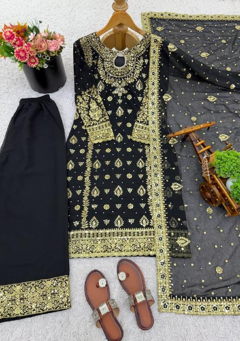 Black Embroidered Georgette Kurta Set - Indya