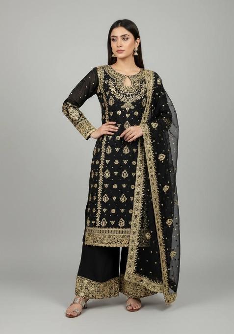 Black Embroidered Georgette Kurta Set