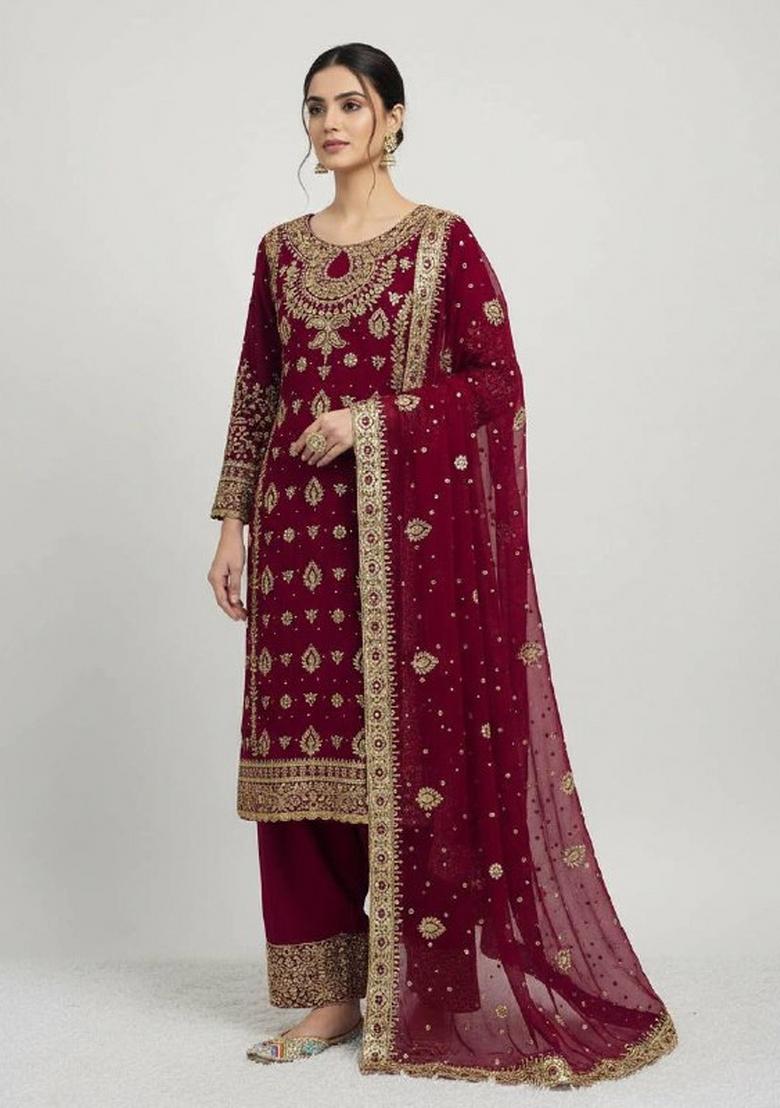 Maroon Embroidered Georgette Kurta Set - Indya