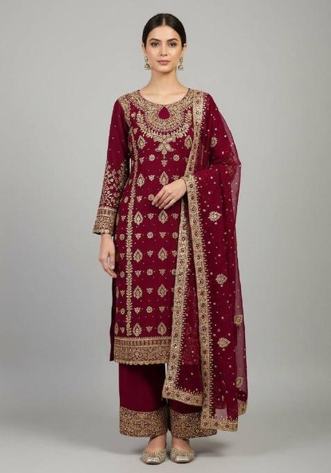 Maroon Embroidered Georgette Kurta Set