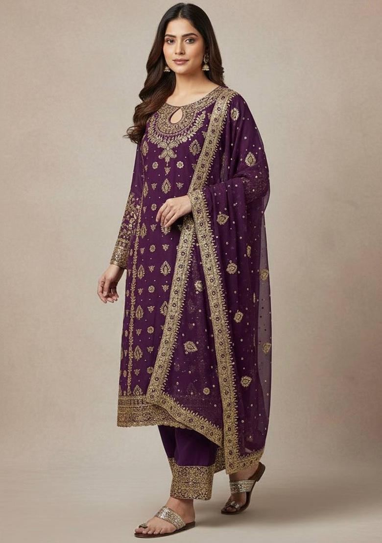 Purple Embroidered Georgette Kurta Set - Indya