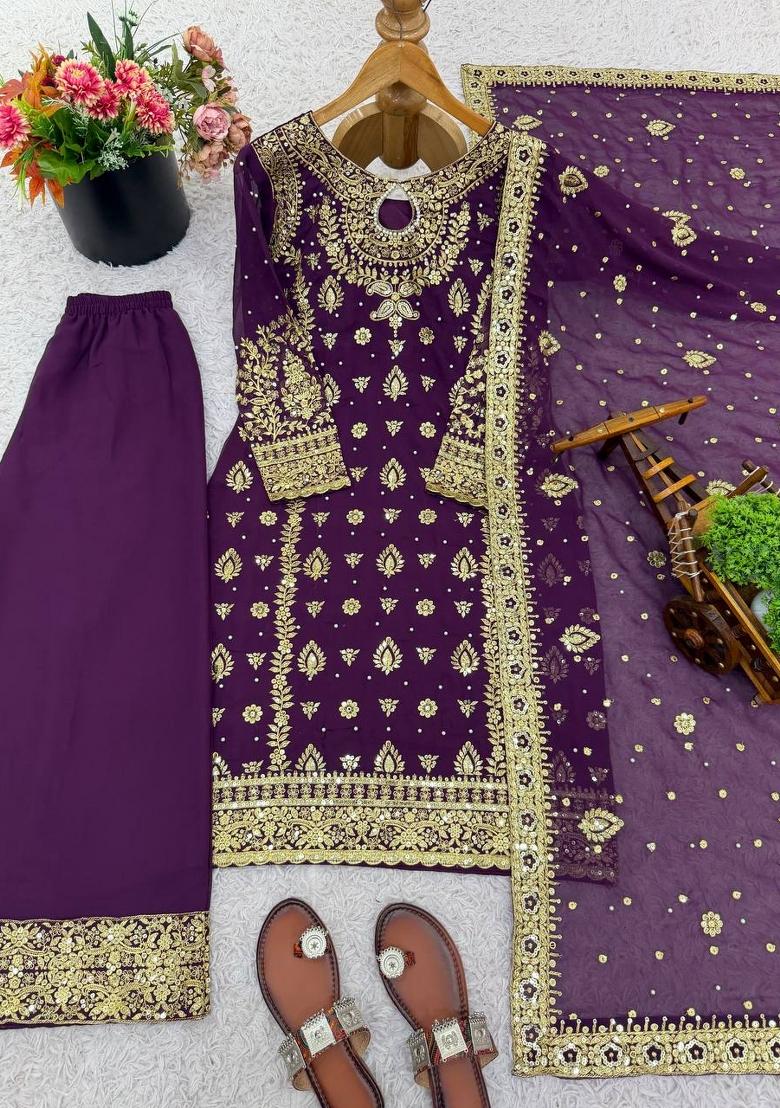 Purple Embroidered Georgette Kurta Set - Indya