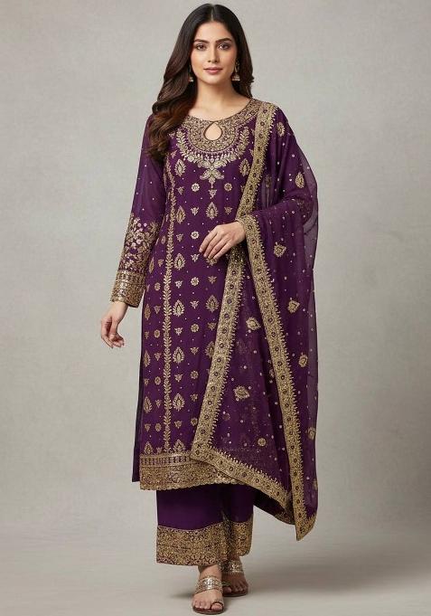 Purple Embroidered Georgette Kurta Set