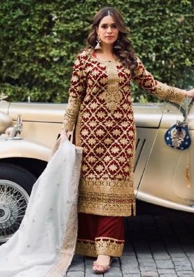 Maroon And Sky Blue Embroidered Georgette Kurta Set