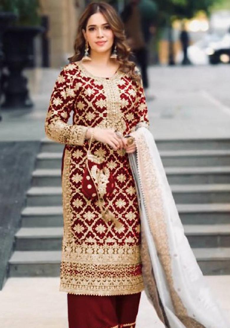 Maroon And Sky Blue Embroidered Georgette Kurta Set - Indya