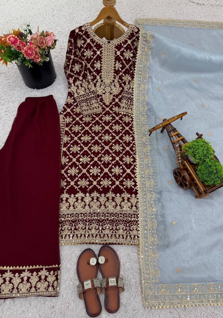 Maroon And Sky Blue Embroidered Georgette Kurta Set - Indya