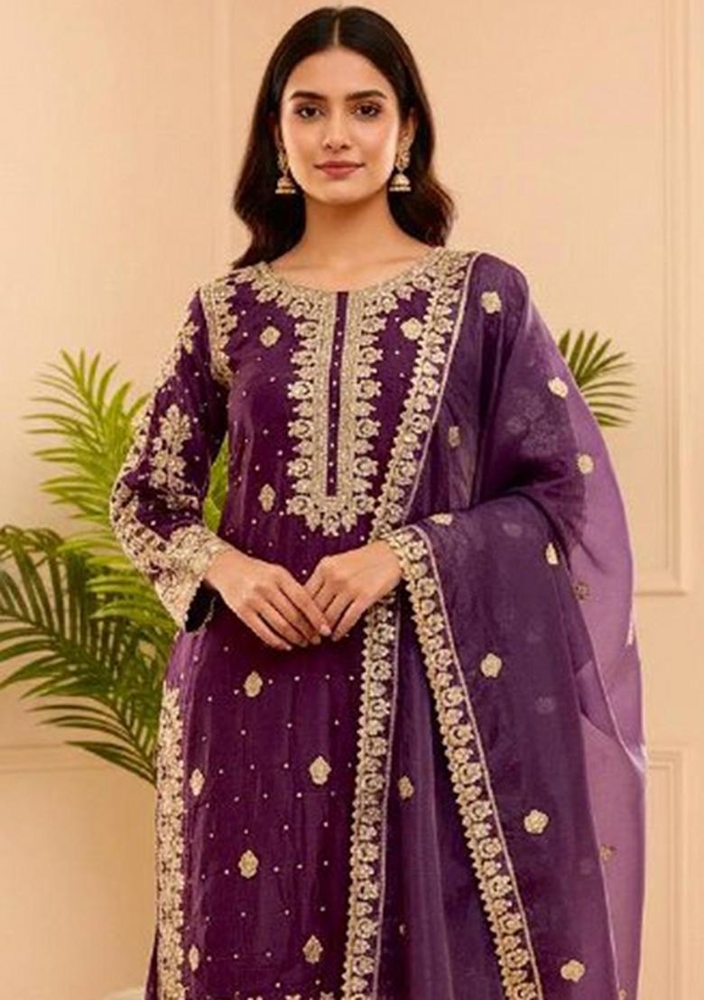 Purple Embroidered Crepe Kurta Set - Indya