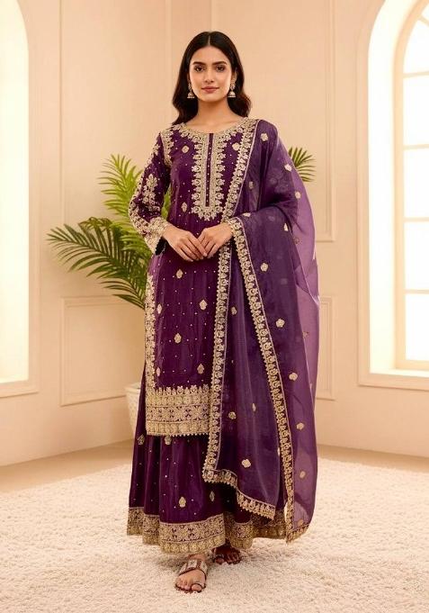 Purple Embroidered Crepe Kurta Set