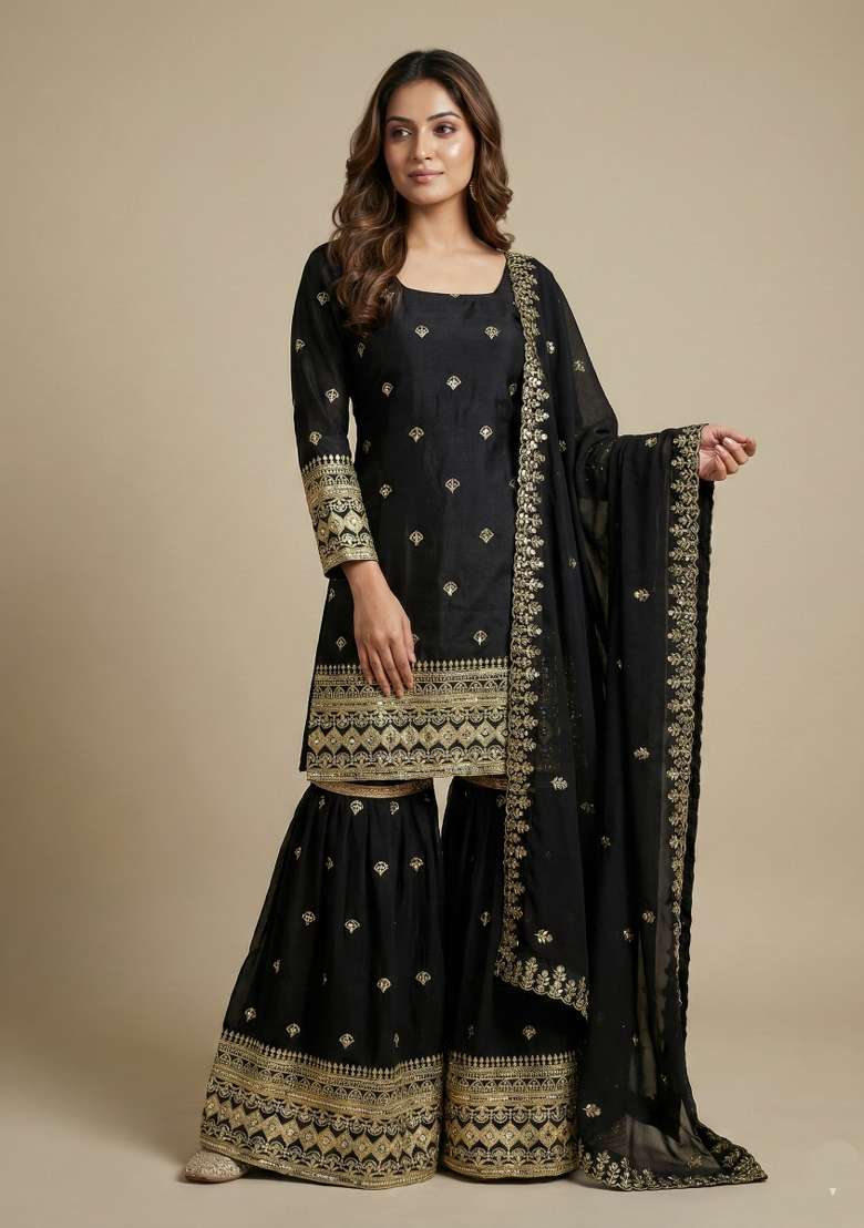 Black Embroidered Chinon Sharara Set - Indya