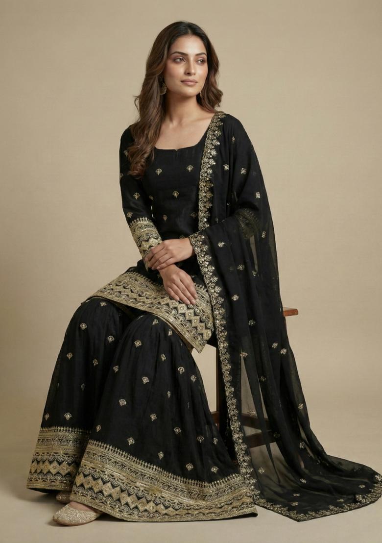 Black Embroidered Chinon Kurta Set - Indya