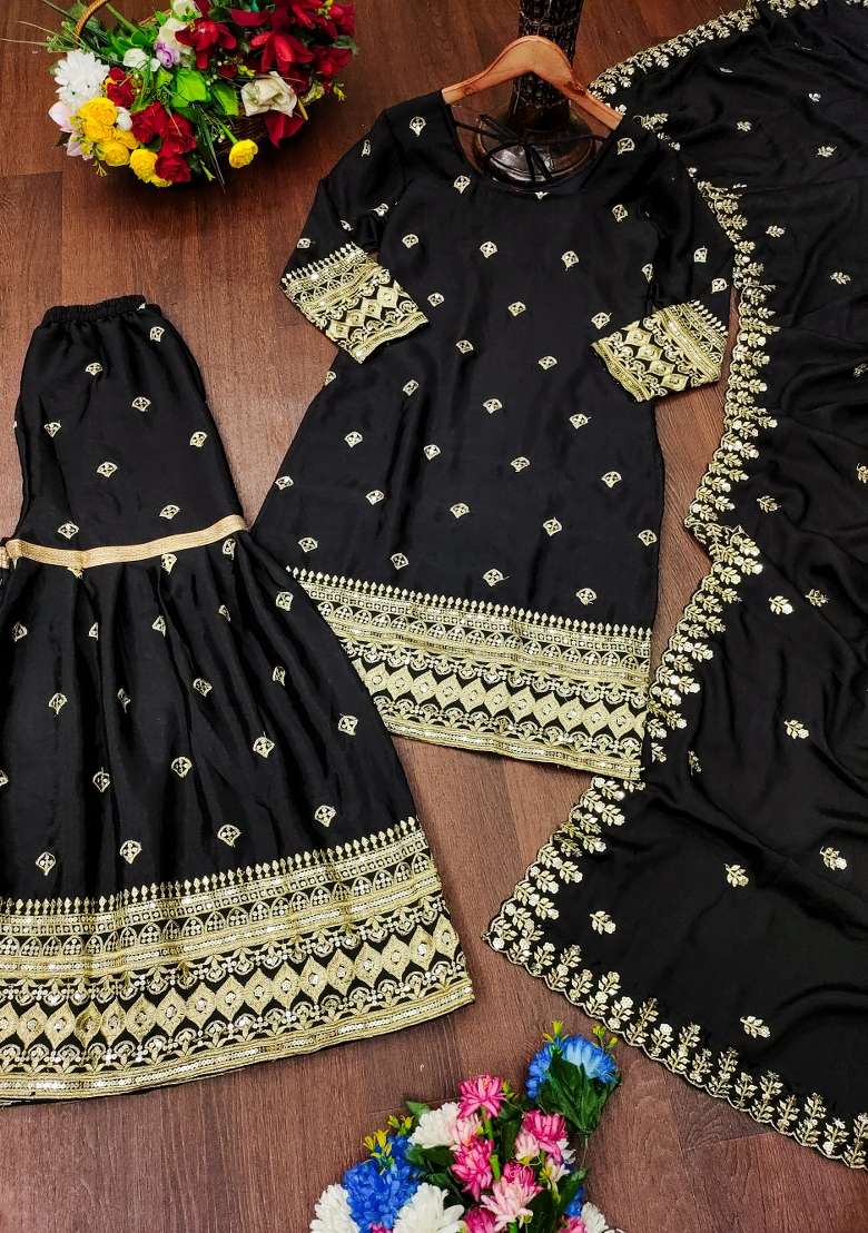 Black Embroidered Chinon Sharara Set - Indya