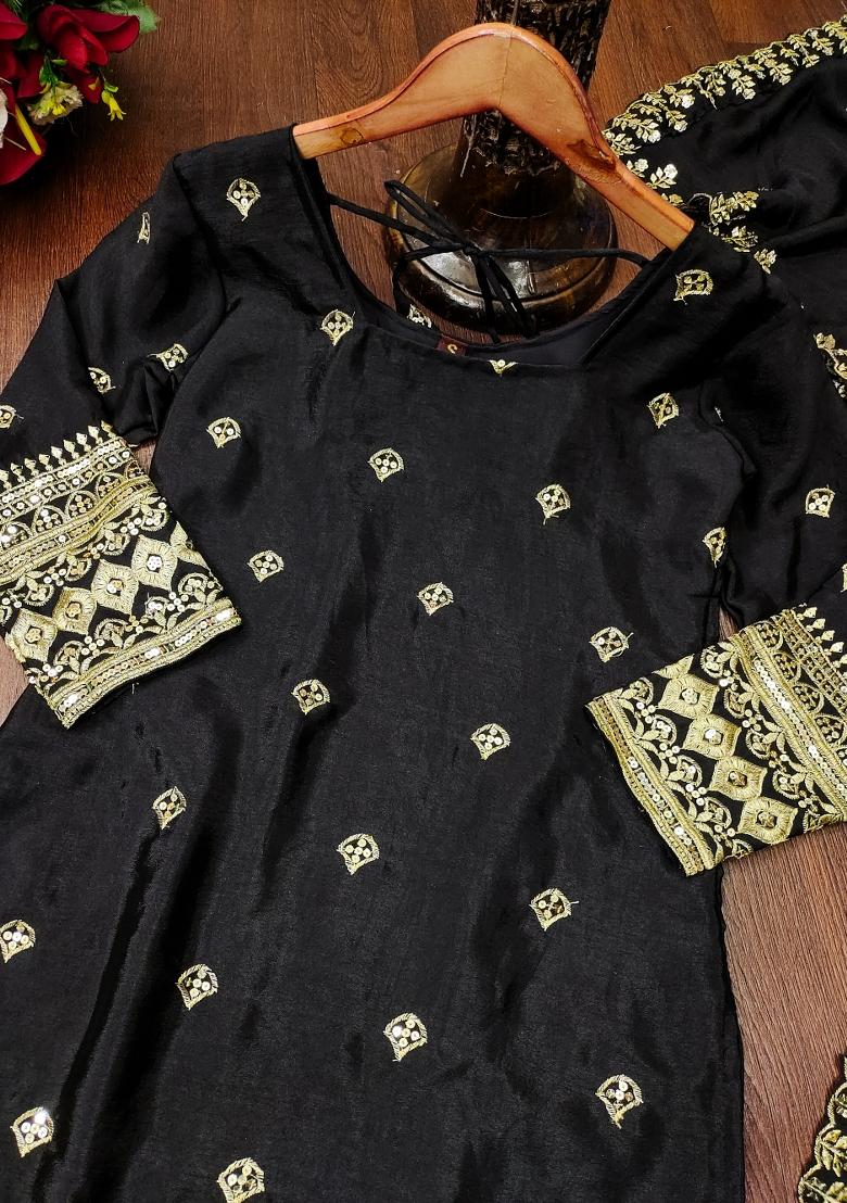 Black Embroidered Chinon Kurta Set - Indya