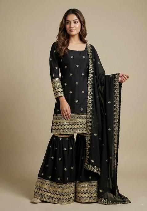 Black Embroidered Chinon Kurta Set
