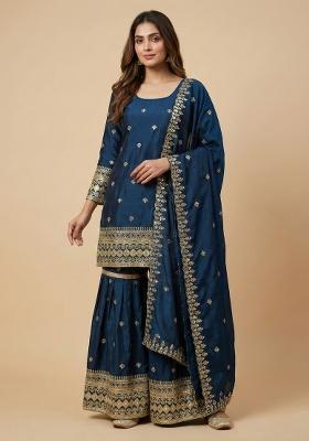 Teal Embroidered Chinon Kurta Set