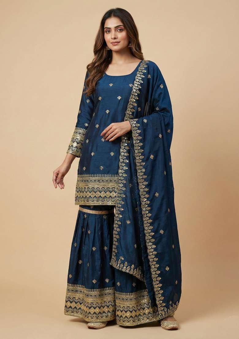 Teal Embroidered Chinon Sharara Set - Indya