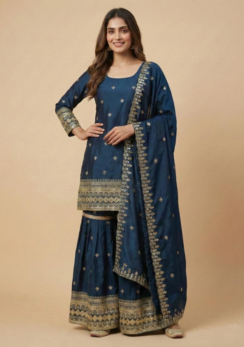 Teal Embroidered Chinon Kurta Set - Indya