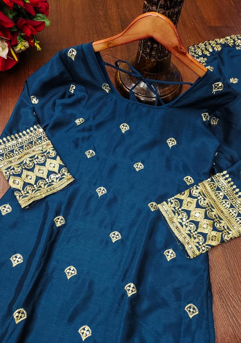 Teal Embroidered Chinon Kurta Set - Indya