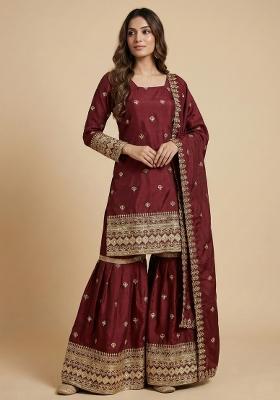 Maroon Embroidered Chinon Kurta Set