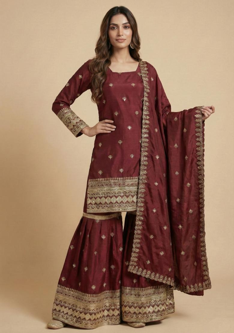 Maroon Embroidered Chinon Kurta Set - Indya