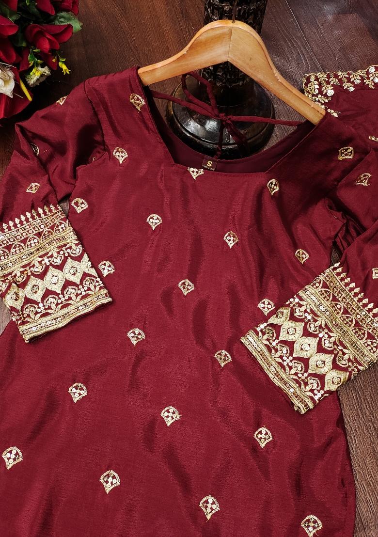 Maroon Embroidered Chinon Kurta Set - Indya