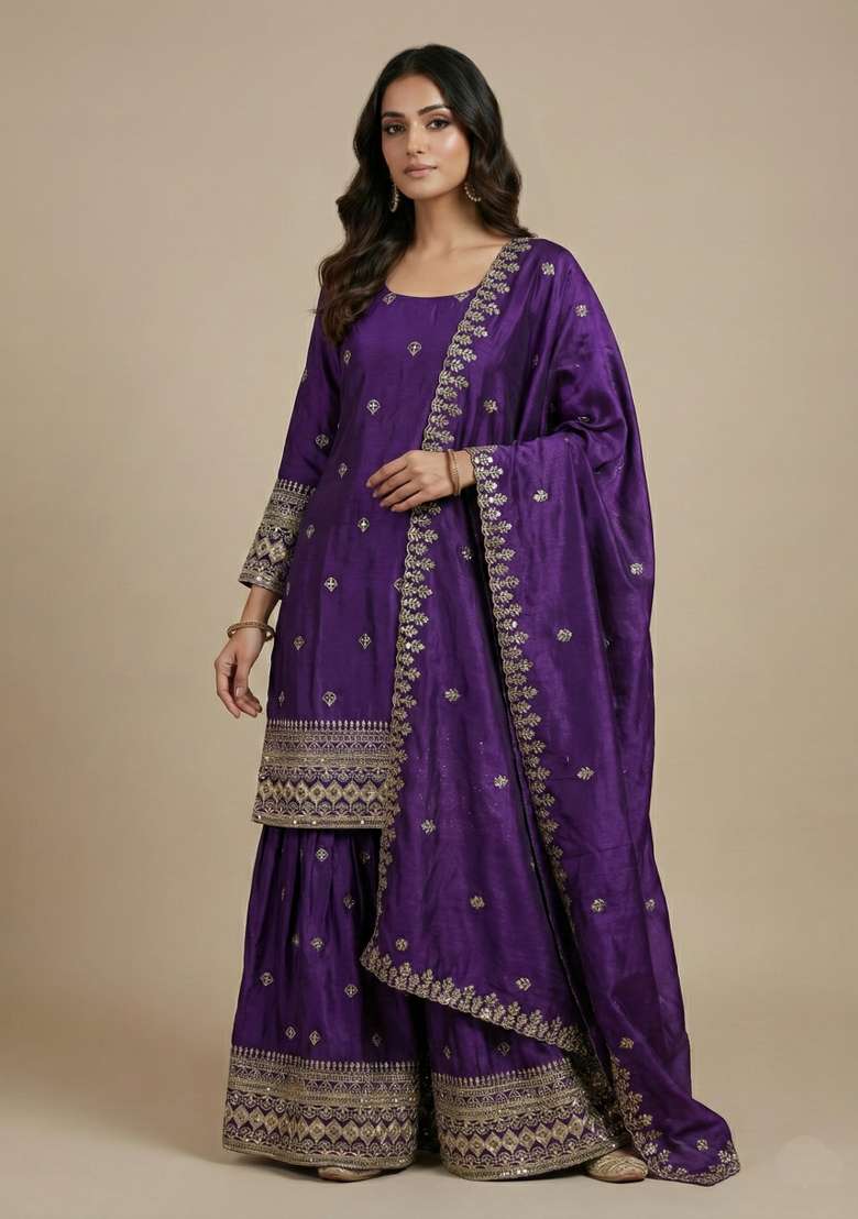 Purple Embroidered Chinon Sharara Set - Indya