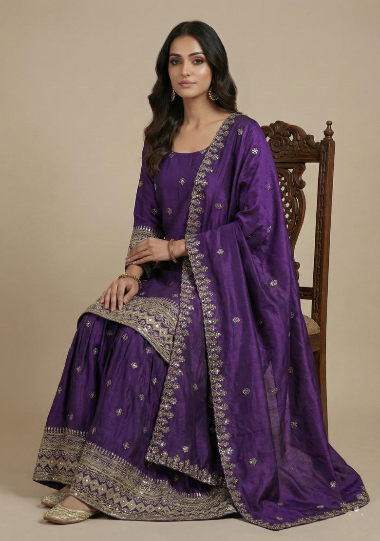 Purple Embroidered Chinon Kurta Set - Indya
