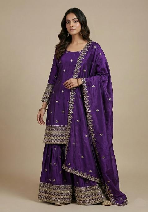 Purple Embroidered Chinon Kurta Set