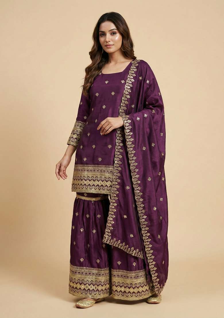 Wine Embroidered Chinon Sharara Set - Indya