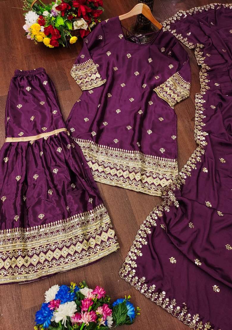 Wine Embroidered Chinon Sharara Set - Indya