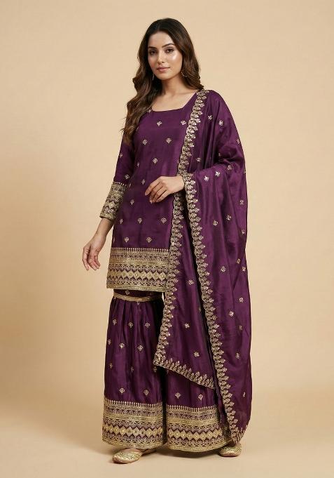 Wine Embroidered Chinon Kurta Set